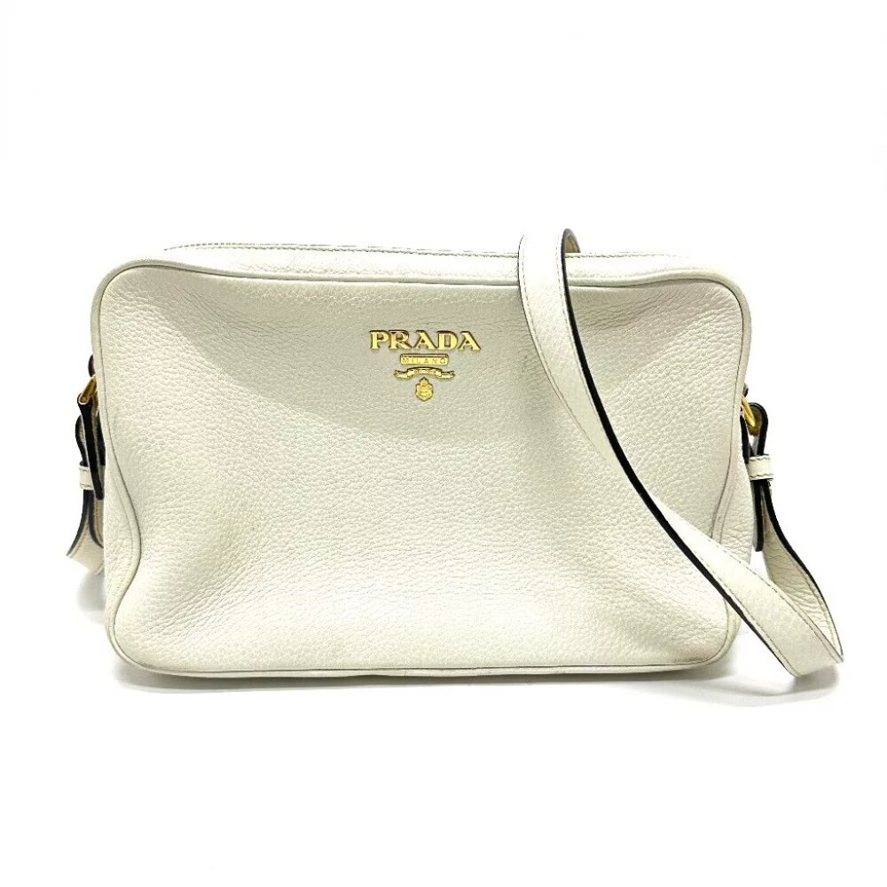PRADA logo Double zipper bag Shoulder Bag Leather White/GoldHardware